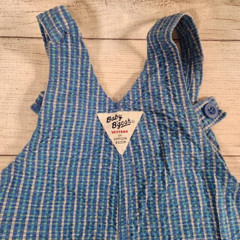 Vintage Baby OshKosh Bgosh Blue Seersucker Dinosaur Vestbak Shortalls 12M